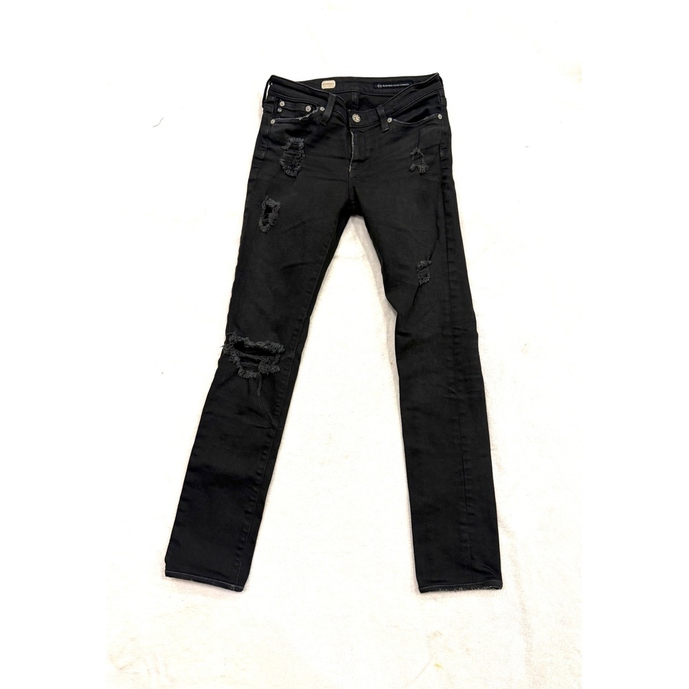 AG Adriano Goldschmied Premiere Skinny Straight Distressed Black Jeans 25R